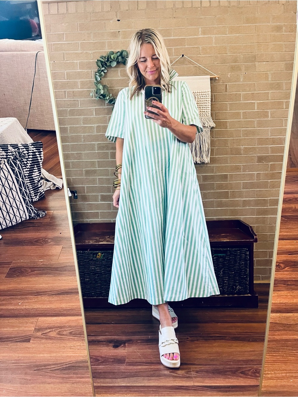 Adrienne Green and White Striped Midi Dress